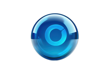 Blue glass sphere with inner swirls isolated on transparent background. Blue information icon sign or info illustration bubble symbol design isolated on white background.