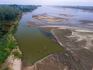 Dried riverbed of the Vistula during record summer drought, historic low water level of the Vistula river in Poland.