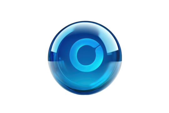 Blue glass sphere with inner swirls isolated on transparent background. Blue information icon sign or info illustration bubble symbol design isolated on white background.