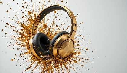 Fototapeta premium Golden headphones shattering into metallic paint splashes, high-energy dynamic composition.