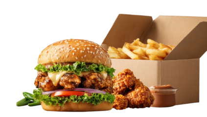 Gourmet burger with fries and chicken wings