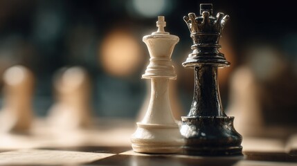 Close-up of white and black chess queens on a wooden board