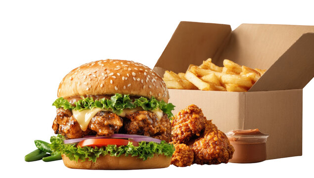 Gourmet burger with fries and chicken wings - Powered by Adobe