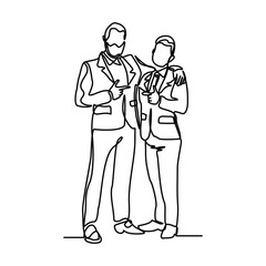 Continuous line drawing of two business man hugging each other success and showing partner team work. Editable stroke sketch line business concept vector illustration