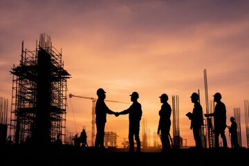 Silhouette of construction workers shaking hands at sunset (1)