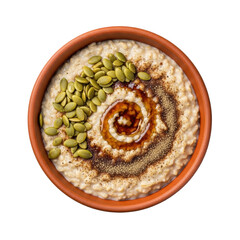 Warm pumpkin spice oatmeal with golden pumpkin seeds, rich maple syrup, nutmeg, in a rustic terracotta bowl on a transparent background, soft shadows, cozy autumn breakfast