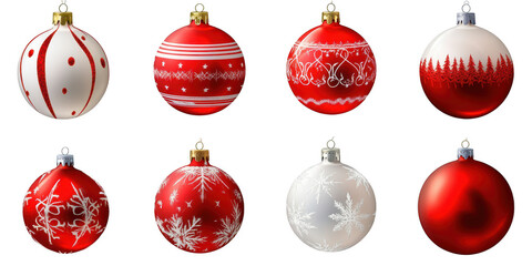 Set of Red and White Christmas Ball Ornaments with Patterns PNGd