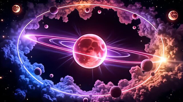 Celestial Border Frame orbiting with glowing moons enshrined in a celestial mist of bright neon colors, emulating the energy of a cosmic dance, with strobe-like flashes illuminating the