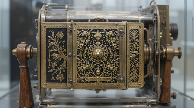 Vintage brass camera bellows displaying ornate floral pattern, wooden grips, preserved antique photographic equipment detail against transparent backdrop - Powered by Adobe