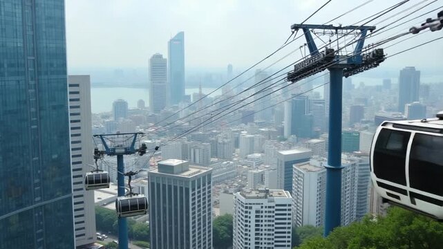 A moving ropeway at the business town in Yokohama telephoto shot