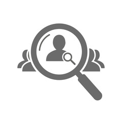 Vector illustration of a human resources concept magnifying glass over a person icon, with other people icons in the background