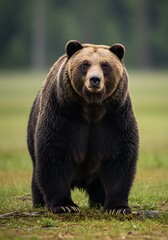 Standing Brown Bear in Grassy Field