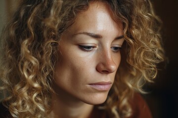 A pensive Caucasian woman with curly hair reflects deeply, embodying the spirit of World Thinking Day and Hygge