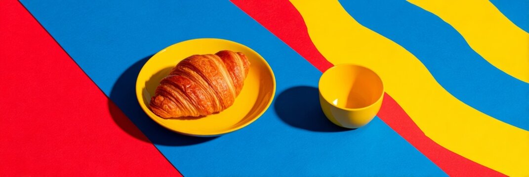 Golden croissant nestles on a sunlit yellow dish, against a vibrant tapestry of Mondrian-inspired hues, evoking World Art Day