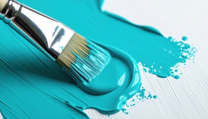 Vivid teal paint stroke with brush symbolizing fluid creativity, modern art exploration, idea of freedom, digital design, branding trend, innovation energy