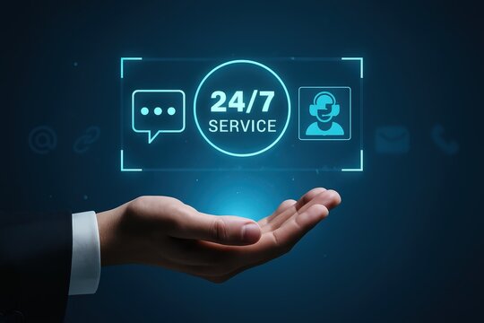 A hand holds a holographic projection displaying 24/7 service contact options.
