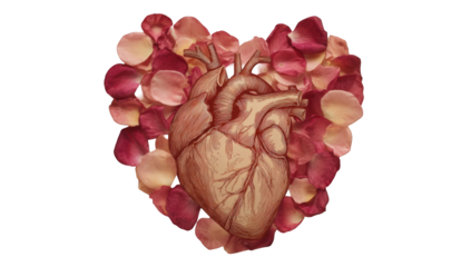 A heart-shaped arrangement of rose petals surrounding a detailed anatomical heart