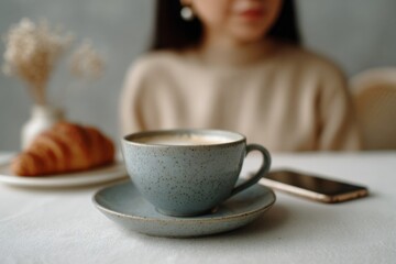 A serene Asian woman sips cappuccino, croissant nearby, evoking National Coffee Day whispers and wistful hygge mornings