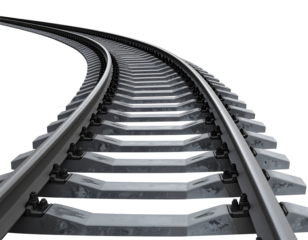 A section of iron rail tracks for a mining cart, isolated on a white background, for industrial and historical transport concepts.