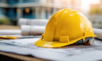 Yellow hard hat on blueprints, construction