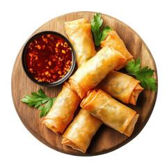 Golden fried spring rolls served with a spicy dipping sauce on a wooden board garnished with parsley