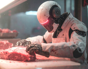 Robot butcher carefully preparing raw meat under bright neon lights