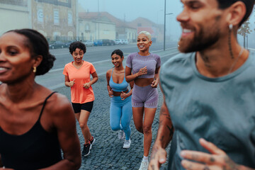 Fitness group running in lisbon on a foggy day