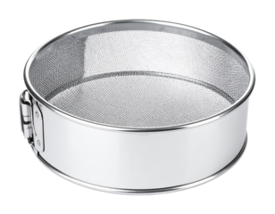 A classic round rock sieve, isolated on a white background, a common tool for mining and geology.