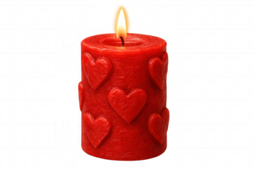 Burning red candle featuring embossed heart pattern, glowing against transparent backdrop for romantic settings