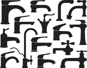 A collection of black and white vector silhouettes of various modern and classic faucets for kitchen, bath, and plumbing designs