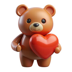 Obraz premium Cute 3d rendered teddy bear holding a shiny red heart isolated on transparent background
