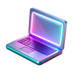Isometric 3d render of a laptop with neon lights isolated on transparent background