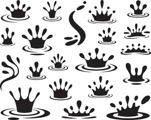 A comprehensive collection of black and white vector illustrations depicting various water splashes, drips, and crown-like ripple effects