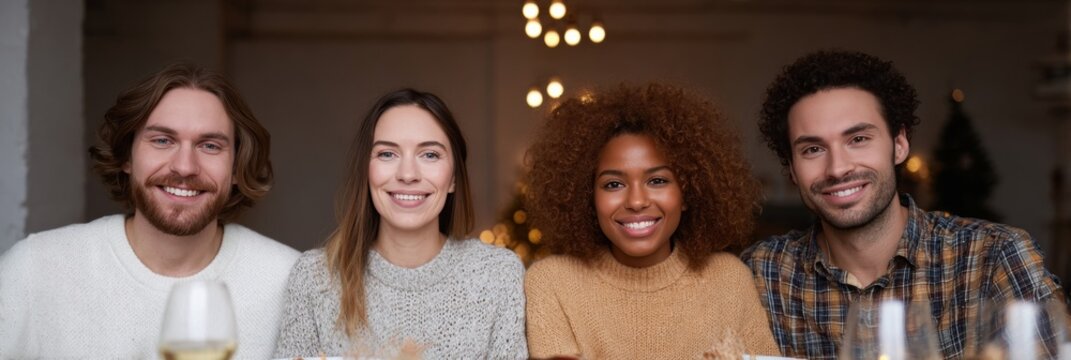 Candlelit feast exudes cozy camaraderie, diverse friends gather for Friendsgiving, blending hygge warmth and multicultural gratitude vibes