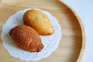 Lemon and Lemon Tea Flavored Financiers on Wooden Plate, Traditional Shizuoka Souvenir Sweets