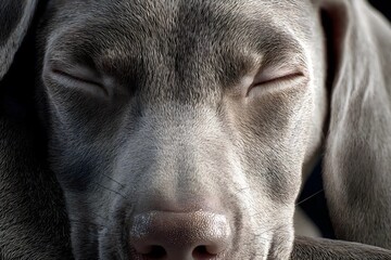 Sleeping grey dog, closed eyes, soft lighting.