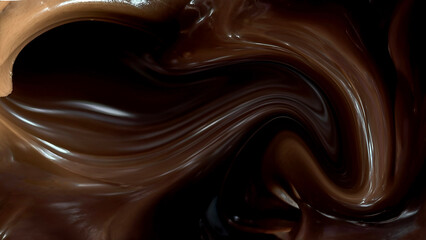 Rich glossy brown melted chocolate. Surface has smooth liquid amd swirl texture with overall impression is one of luxurious, decadent