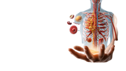Human anatomy, organs, and blood vessels displayed on a translucent torso, held by a hand
