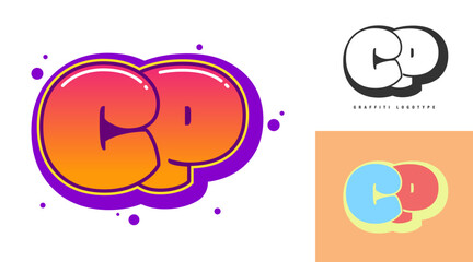 Fototapeta premium CP logo design for festival or party. Initial letter c and p in graffiti style. Creative modern lettering company name of font typography. Kids trendy logotype or identity.