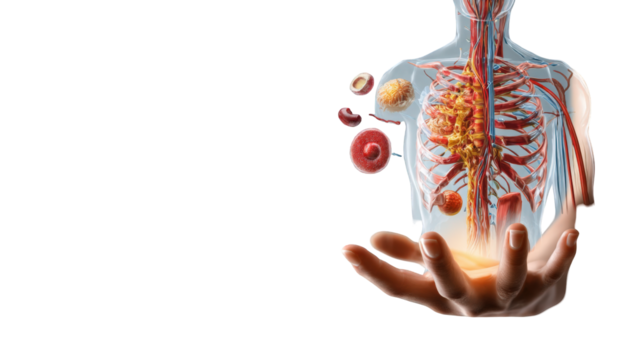 Human anatomy, organs, and blood vessels displayed on a translucent torso, held by a hand