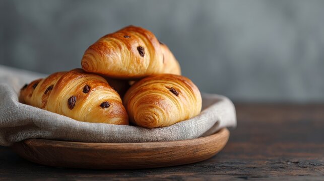 Flaky golden croissants nestled on rustic platter, evoking cozy mornings and French Epiphany celebrations, with whispers of buttery decadence