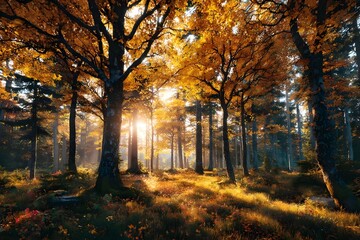 Obraz premium Golden autumn sunlight filters through tall trees.