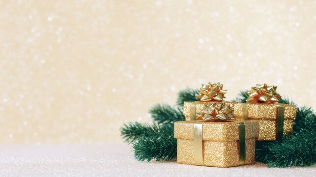 Glittering gold presents nestled in evergreen boughs, evoking Yule tidings and Festivus charm in a serene winter wonderland