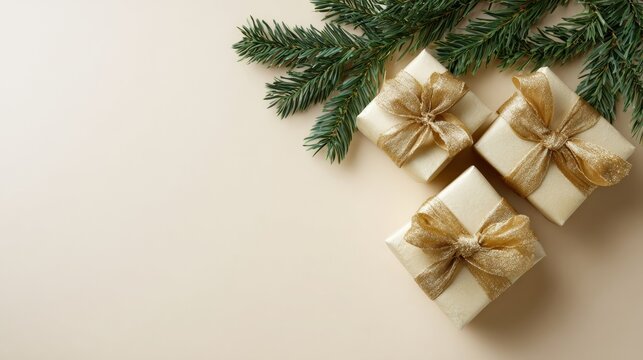 Golden-ribboned gifts nestle under evergreen boughs, capturing Yules whisper and winter solstice nostalgia in elegant anticipation