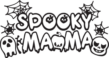 Fototapeta premium Whimsical halloween graphic featuring the word spooky in bubbly letters surrounded by cobwebs ghosts and a pumpkin
