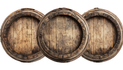 Fototapeta premium Three aged wooden barrels, close-up