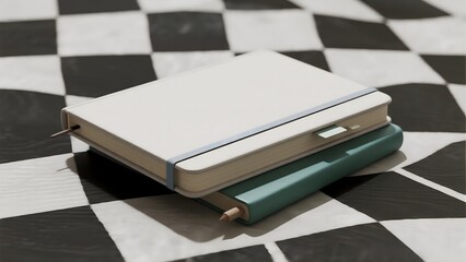 Stacked journals on a black and white background