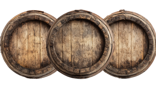 Three aged wooden barrels, close-up