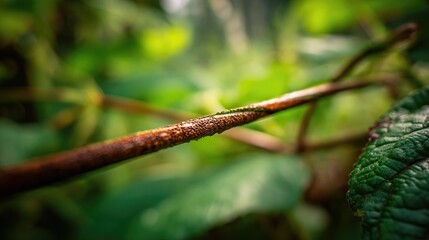 Close-up of a reddish-brown branch with wet, textured surface amongst lush green foliage