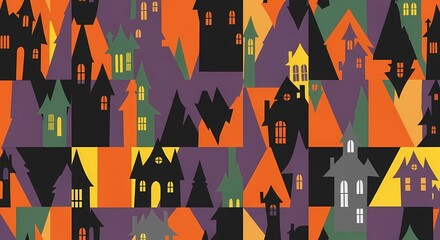 Halloween Town Geometric Pattern Colorful Houses Seamless Texture for Fall Design
